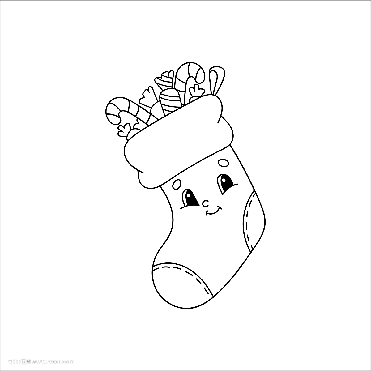 裝有禮物的圣誕襪。兒童涂色書(shū)。開(kāi)朗的性格。矢量插圖?？蓯?ài)的卡通風(fēng)格。兒童幻想頁(yè)面。黑色的輪廓剪影。孤立在白色背景上。