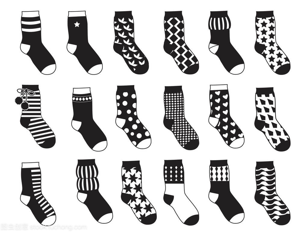 孩子的剪影襪子與不同模式。矢量單色插圖隔離